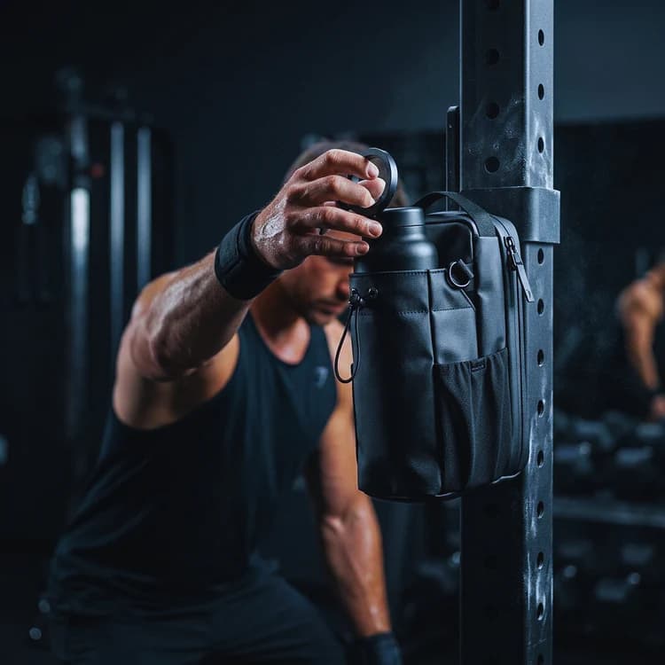 Athlete reaching for a MagnixPro bag attached to a squat rack mid-workout