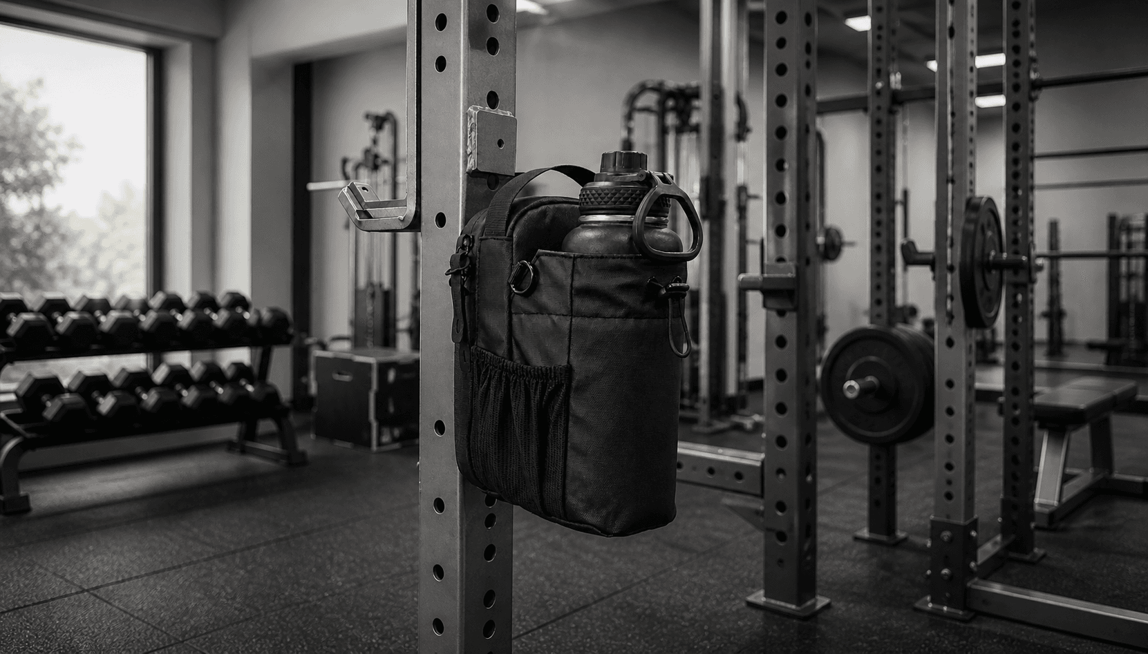 MagnixPro magnetic bottle bag clipped to a squat rack in a dark gym